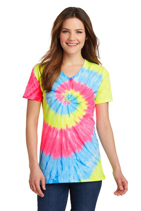 LPC147V - Port & Company Ladies Tie-Dye V-Neck Tee.  LPC147V