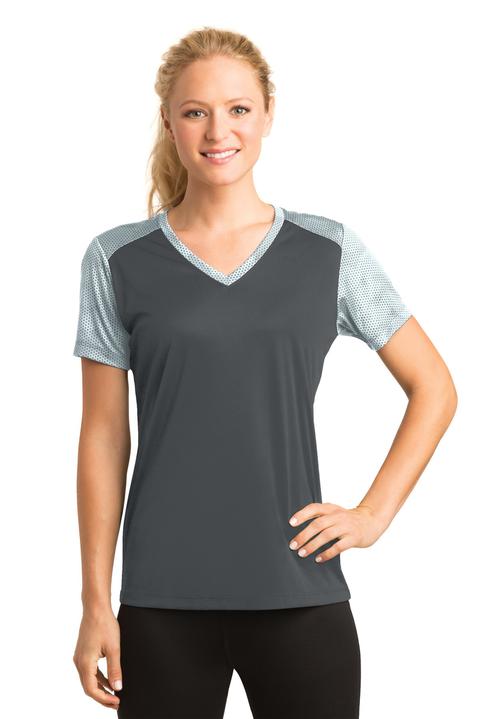 LST371 - Sport-Tek Ladies CamoHex Colorblock V-Neck Tee